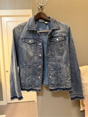 Chico's Distressed Hem Denim Jacket in Medium Blue